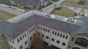 Close up aerial view of Town Square commercial roofing